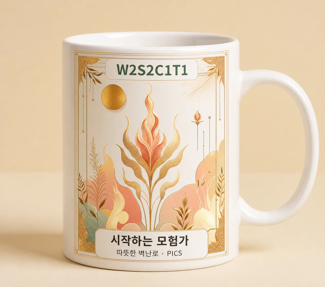 W2S2C1T1 타로코드와 원형명이 인쇄된 맞춤형 머그컵 디자인